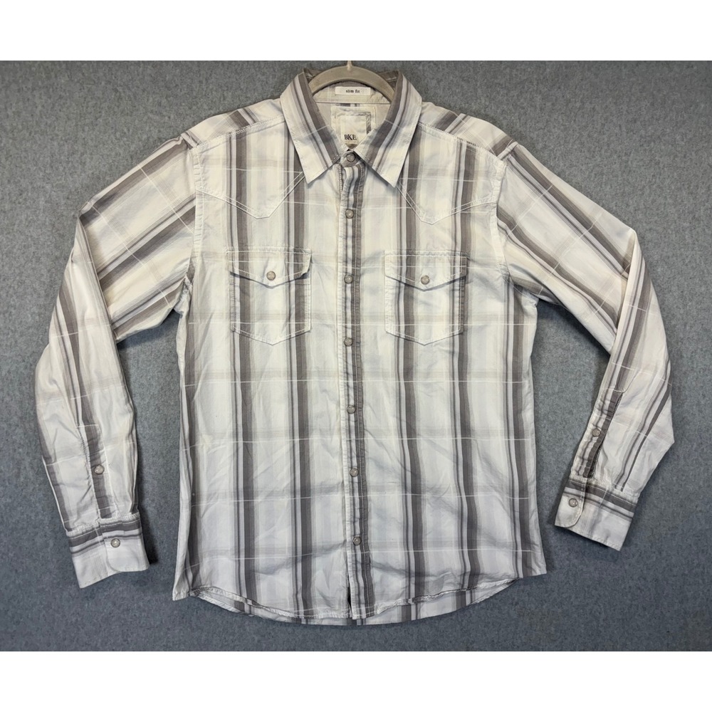 BKE Slim Fit Western Snap Front Plaid Long Sleeve Shirt White Grey Mens Medium